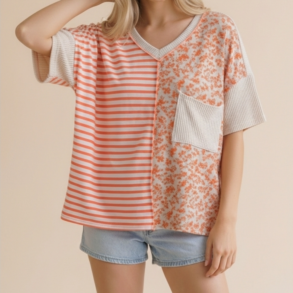 Haptics Floral-Stripe V-Neck Patchwork Tee - Coral/Cream
